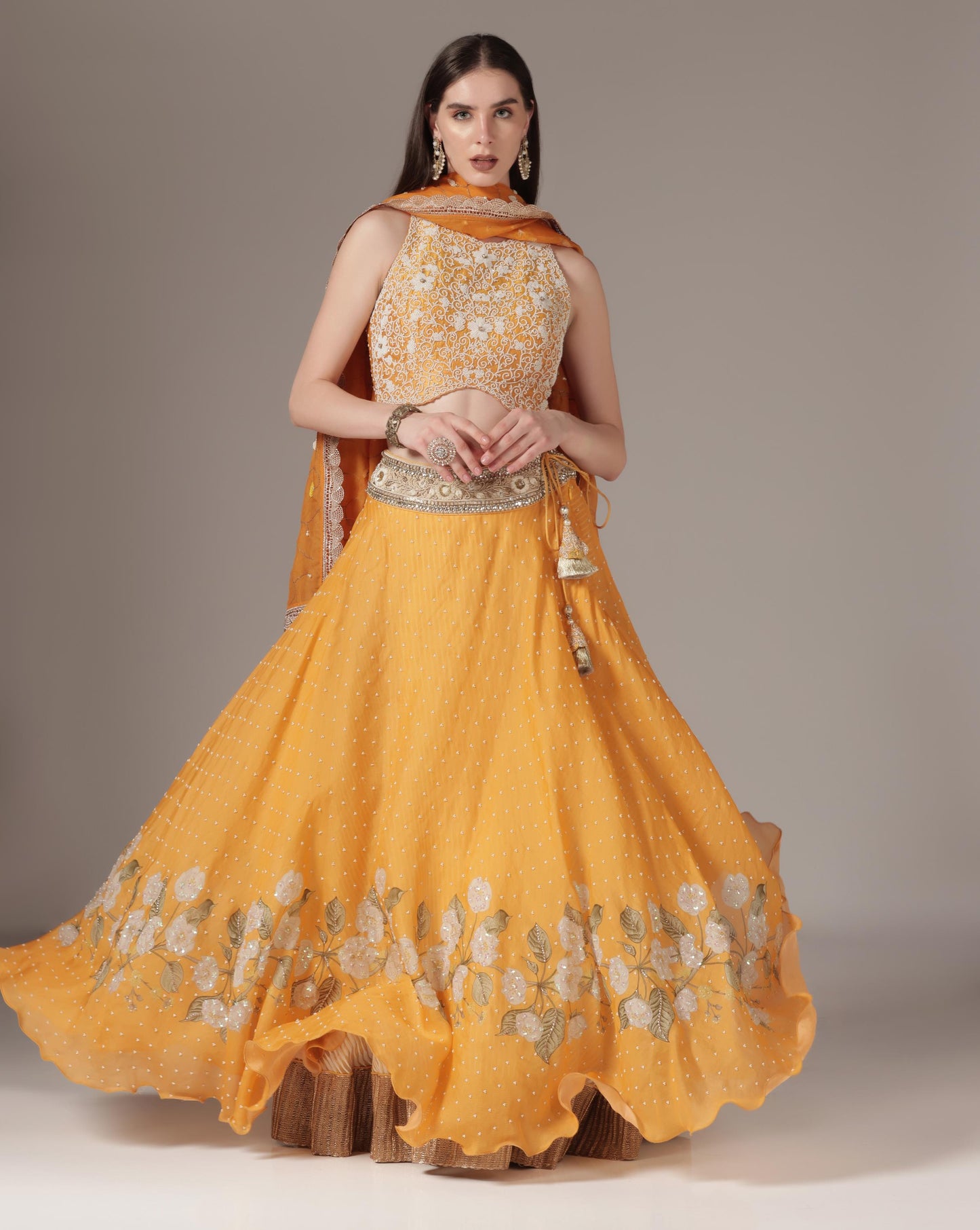 Orange Floral Printed Lehenga Set