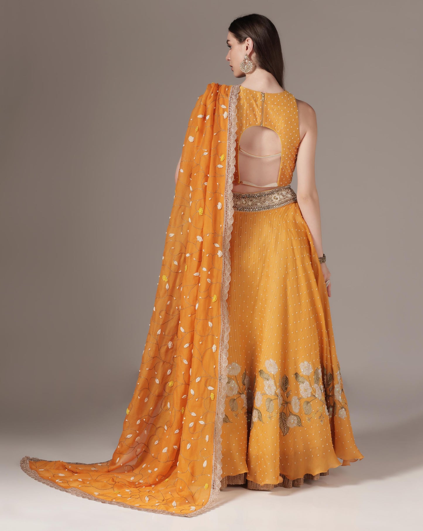 Orange Floral Printed Lehenga Set