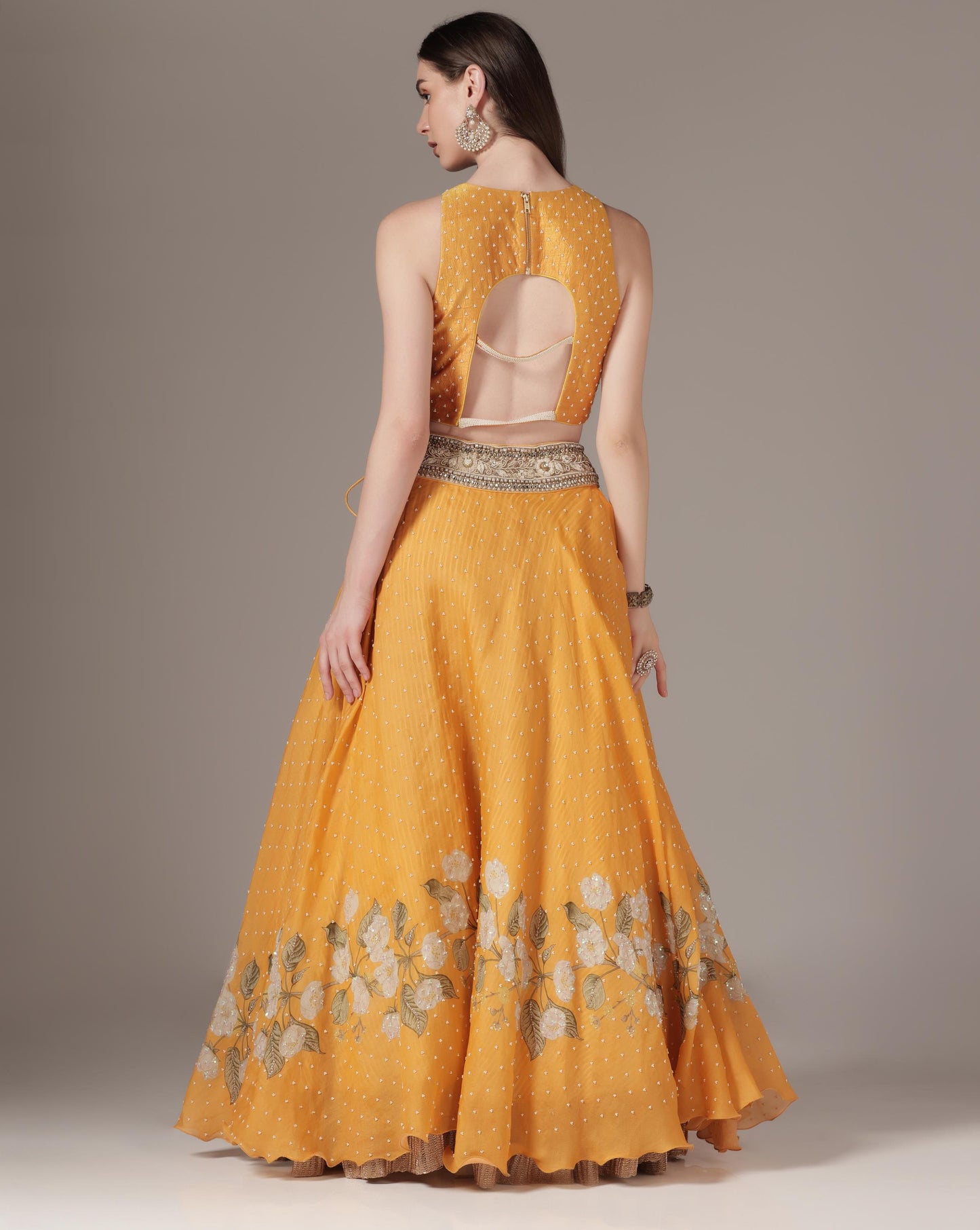 Orange Floral Printed Lehenga Set