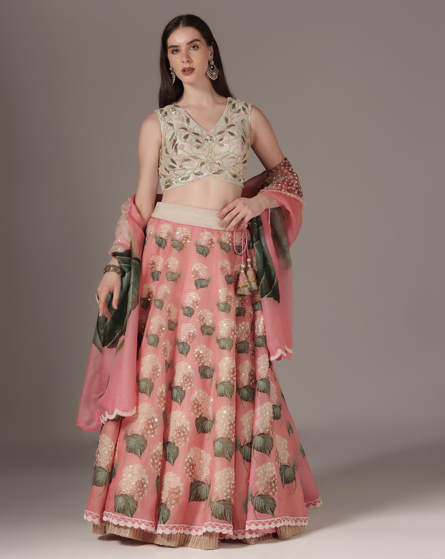 Pink Organza Printed Lehenga Set