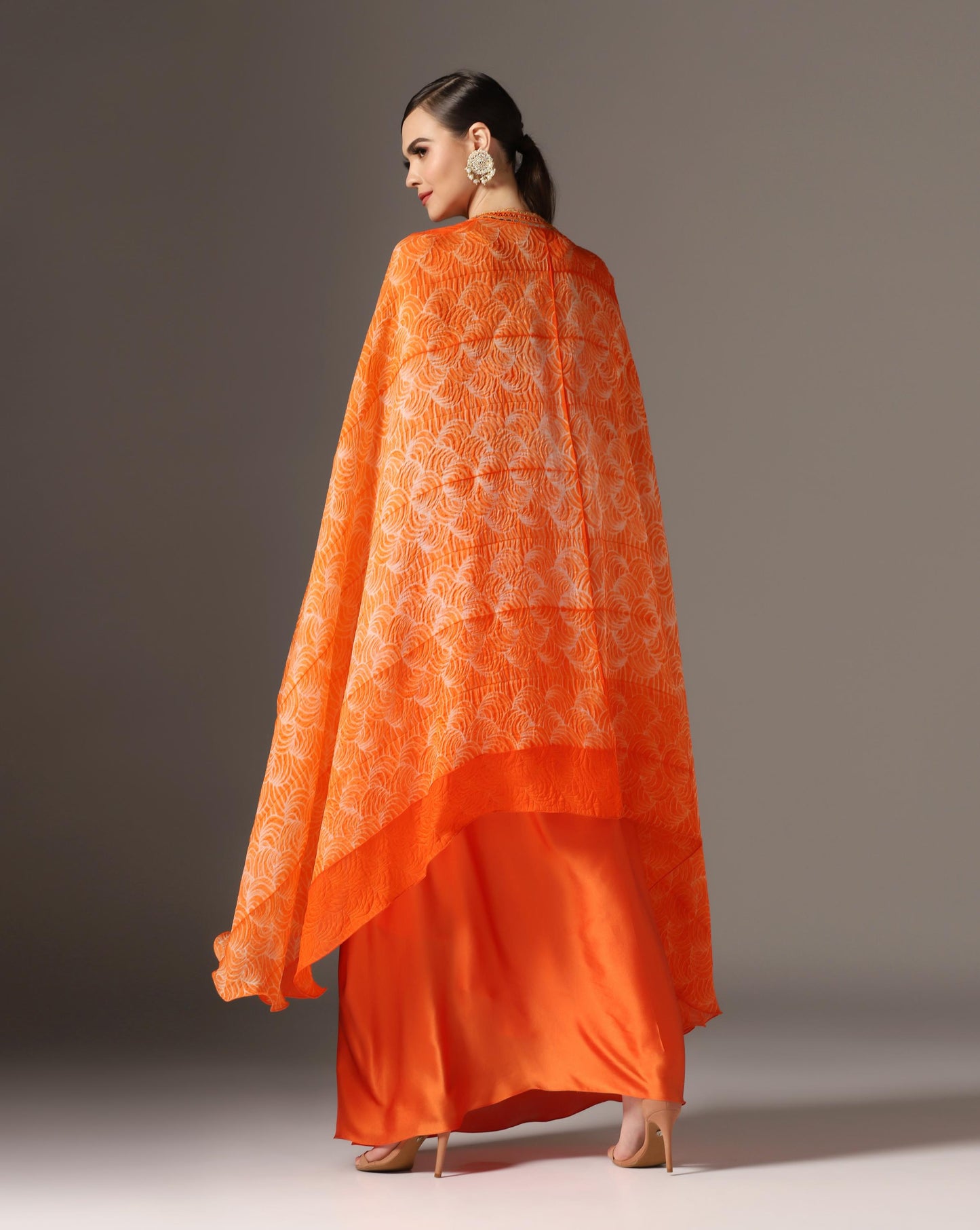 Orange Raw Silk & Organza Draped Skirt Set