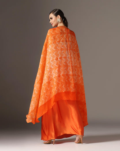 Orange Raw Silk & Organza Draped Skirt Set