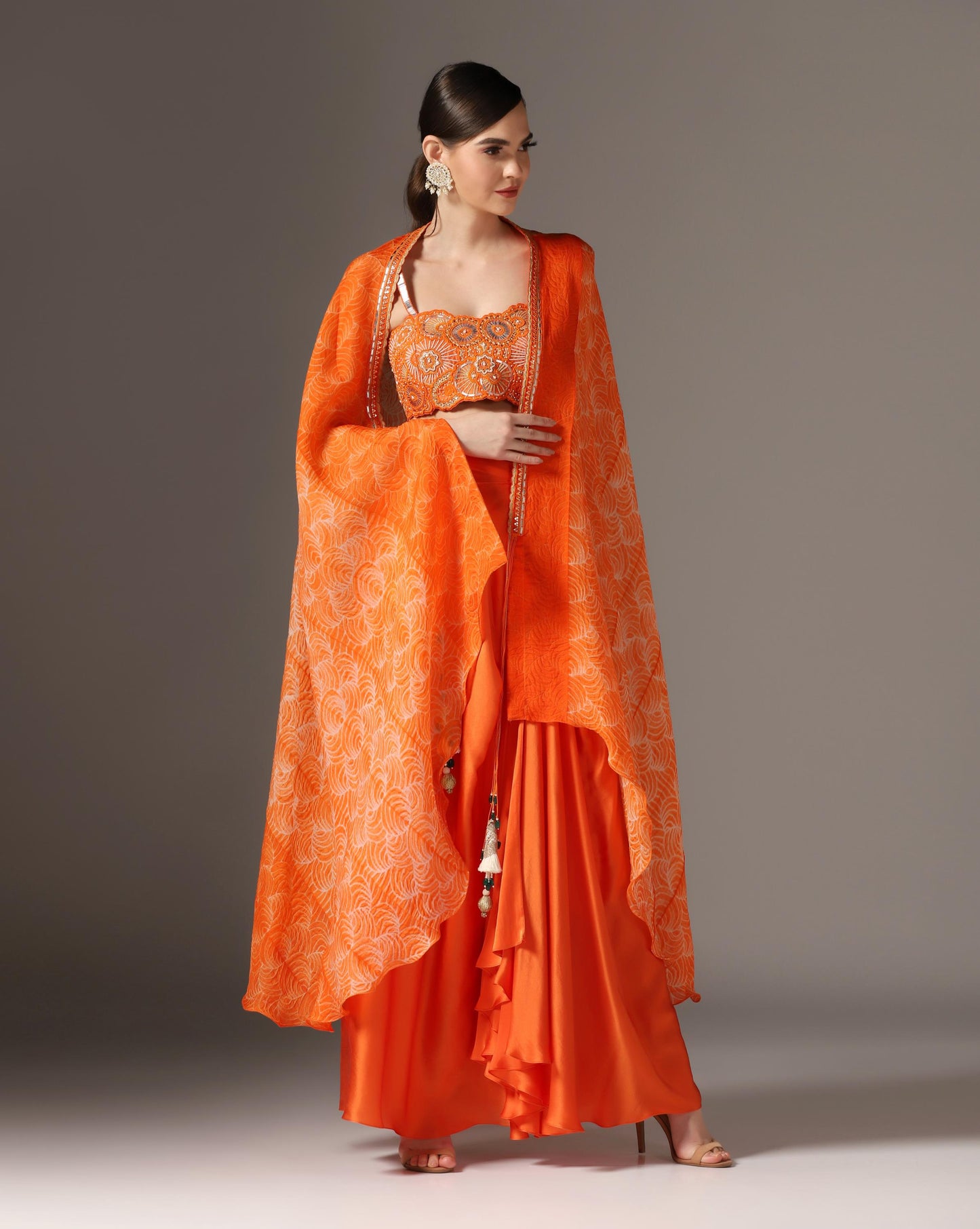 Orange Raw Silk & Organza Draped Skirt Set