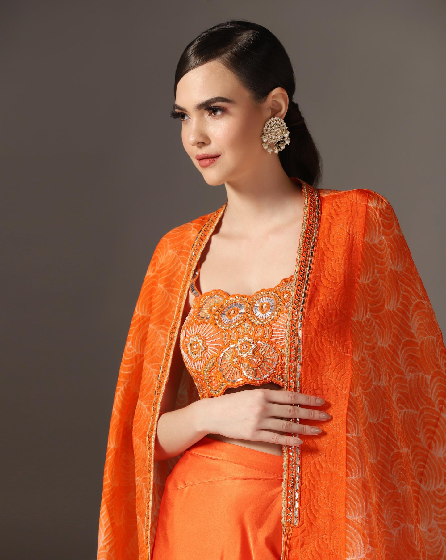 Orange Raw Silk & Organza Draped Skirt Set