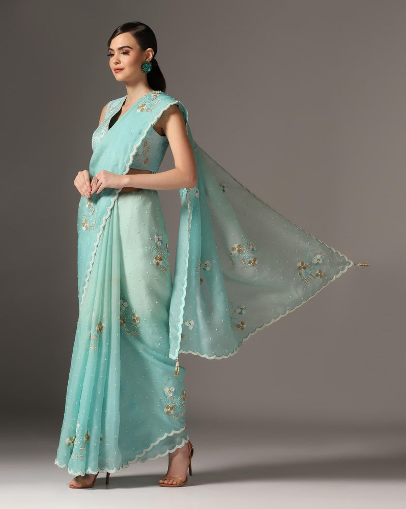 Aqua Blue Organza Shaded Saree Set Yashodhara