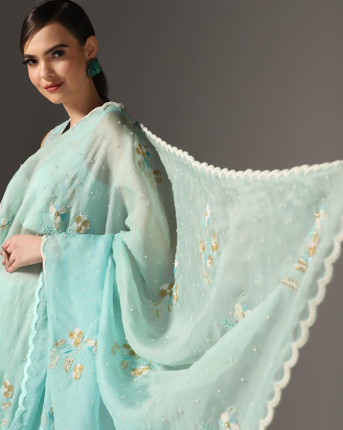 Aqua Blue Organza Shaded Saree Set