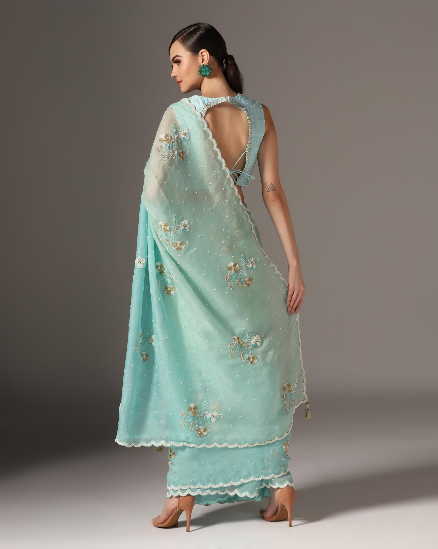 Aqua Blue Organza Shaded Saree Set