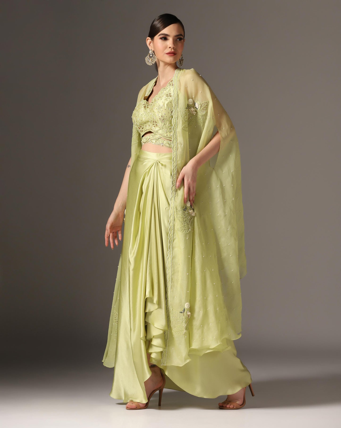 Jade Green Raw Silk & Organza Draped Skirt Set