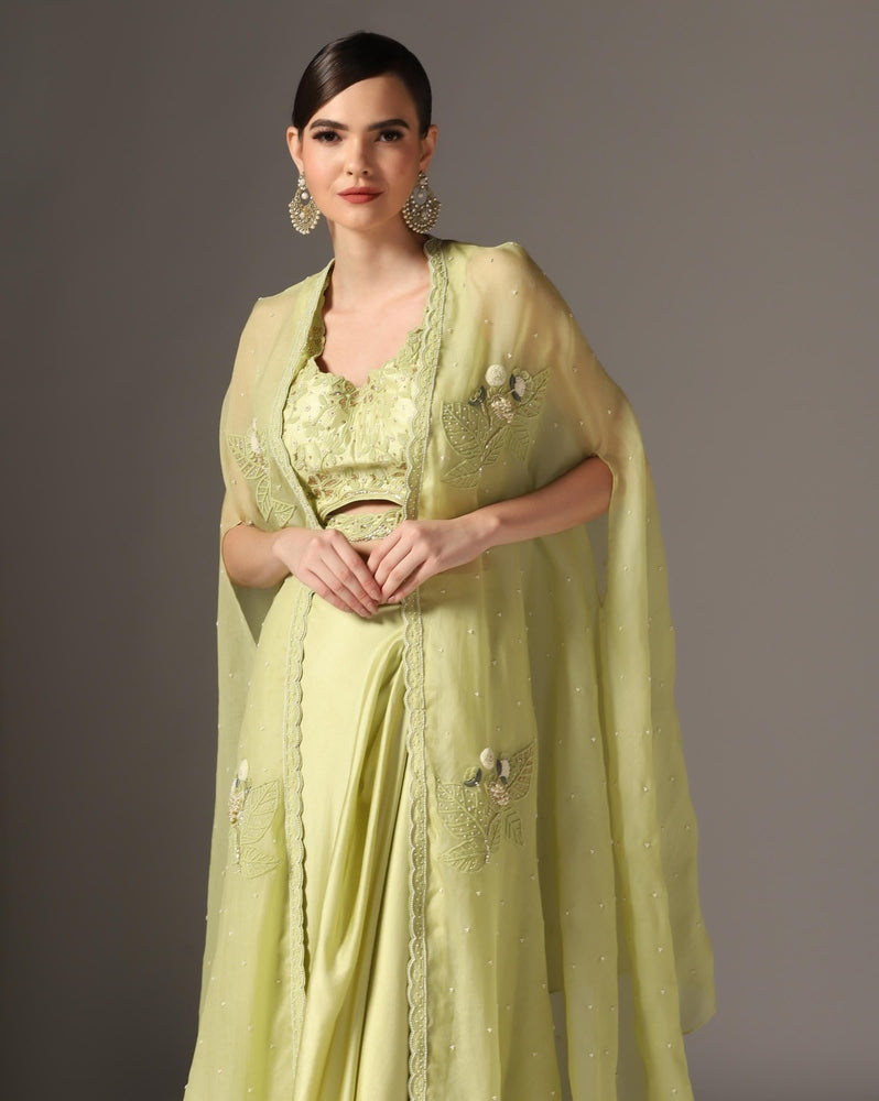 Jade Green Raw Silk & Organza Draped Skirt Set Yashodhara