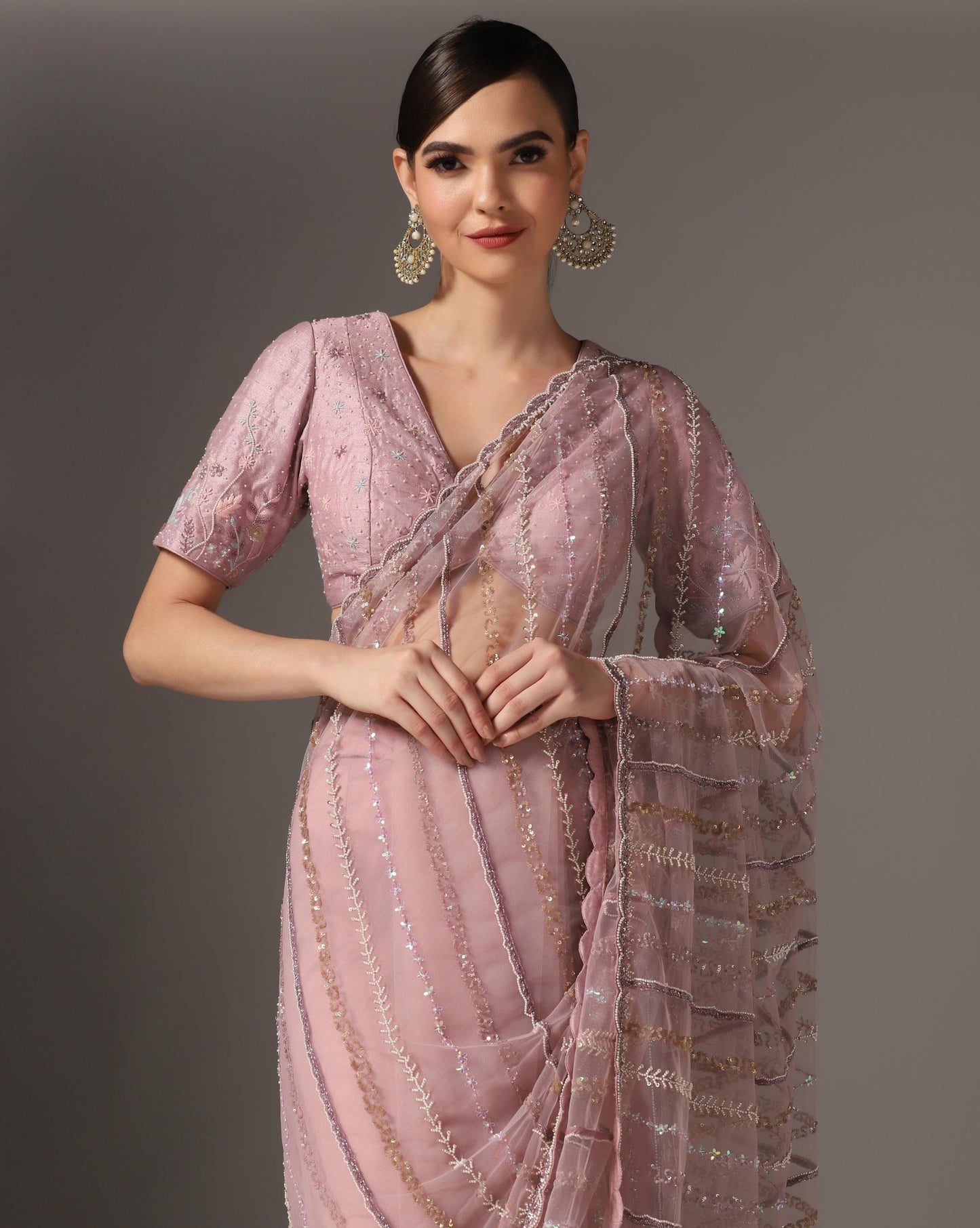 Lilac Net Embroidered Saree Set