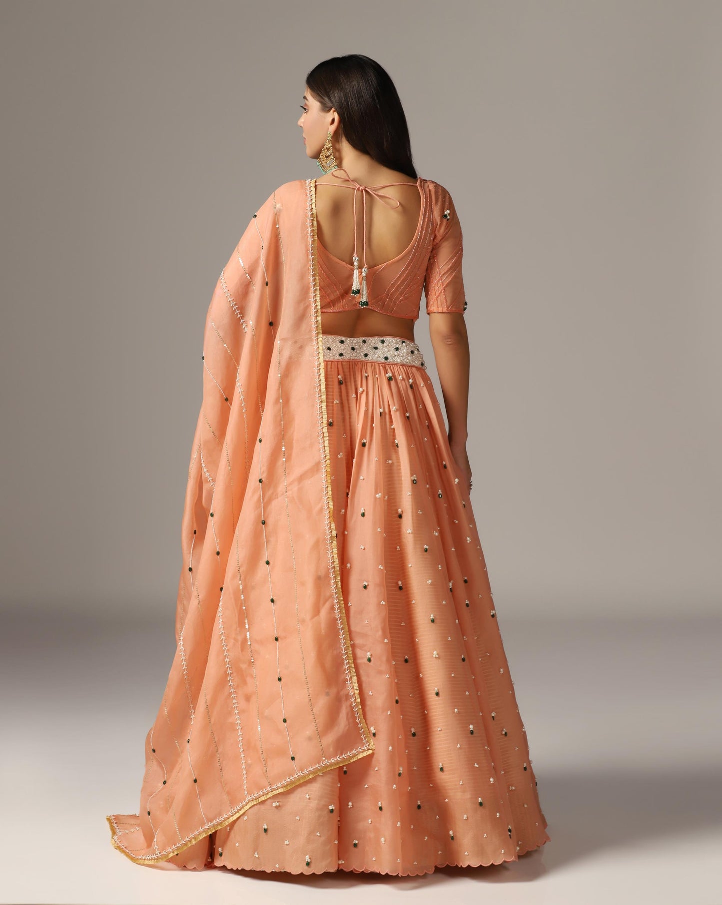 Brick Organza Stone Embroidered Lehenga Set