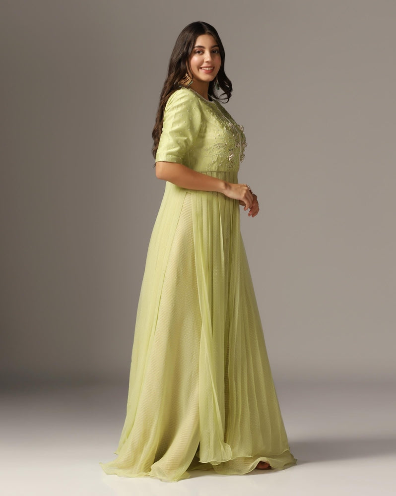 Jade Green Raw Silk & Chiffon Embroidered Anarkali Set Yashodhara