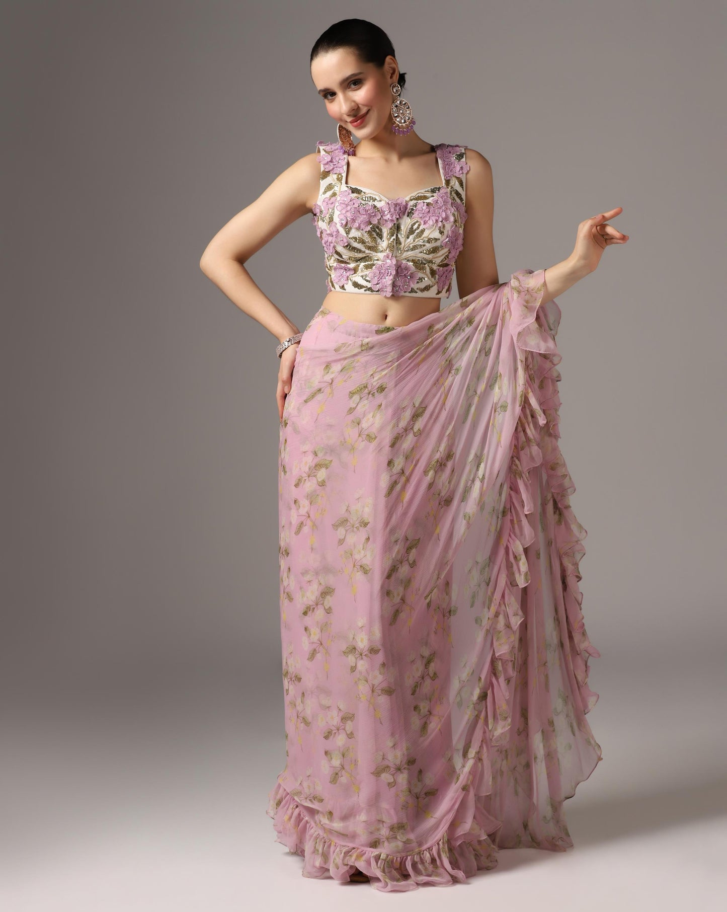 Lilac Chiffon Printed Pre-Stitched Frilled Saree Set