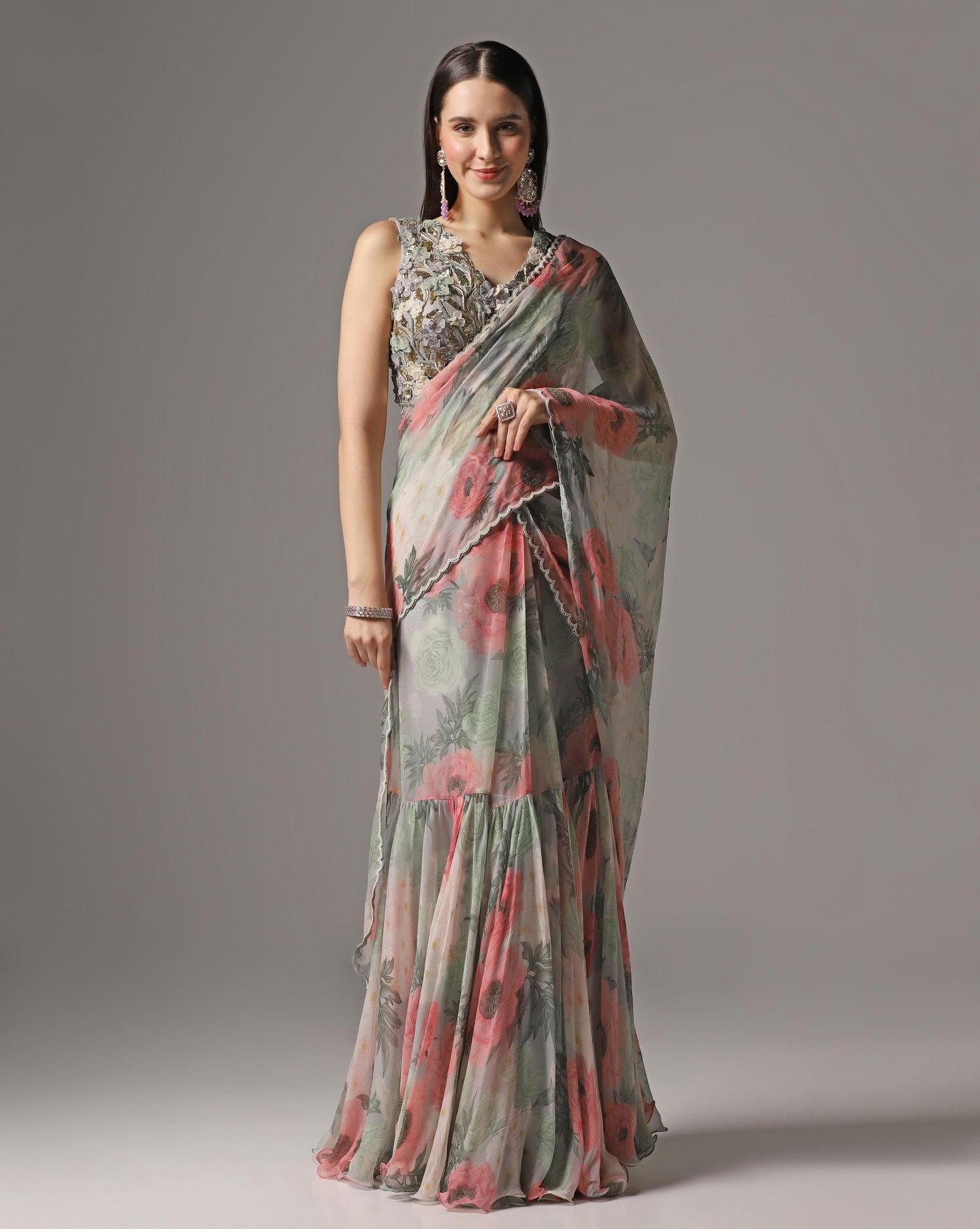 Dull Blue Chiffon Printed Pre-Stitched Frilled Saree Set