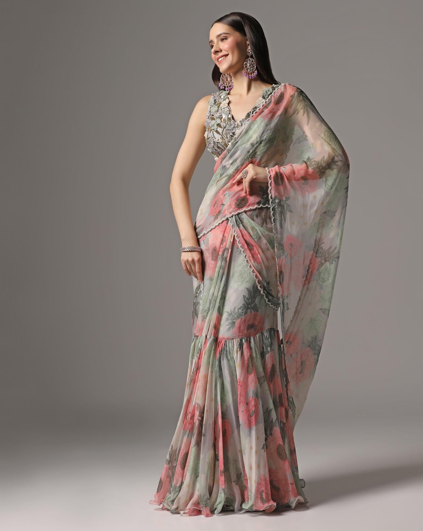 Dull Blue Chiffon Printed Pre-Stitched Frilled Saree Set