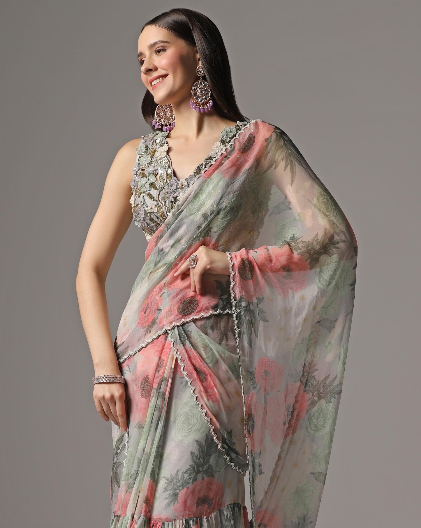 Dull Blue Chiffon Printed Pre-Stitched Frilled Saree Set