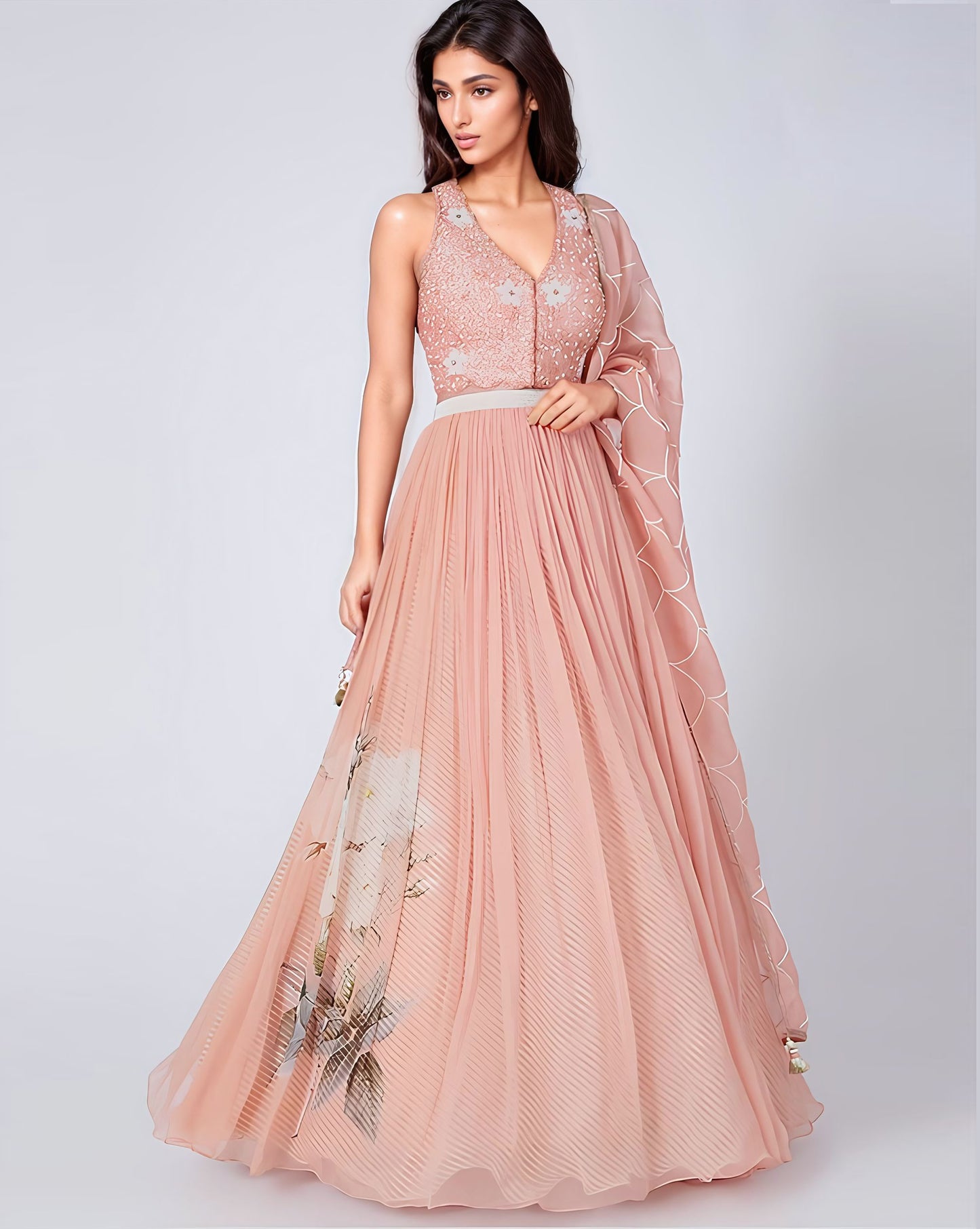 Peach Digital Printed Lehenga & Embroidered Blouse