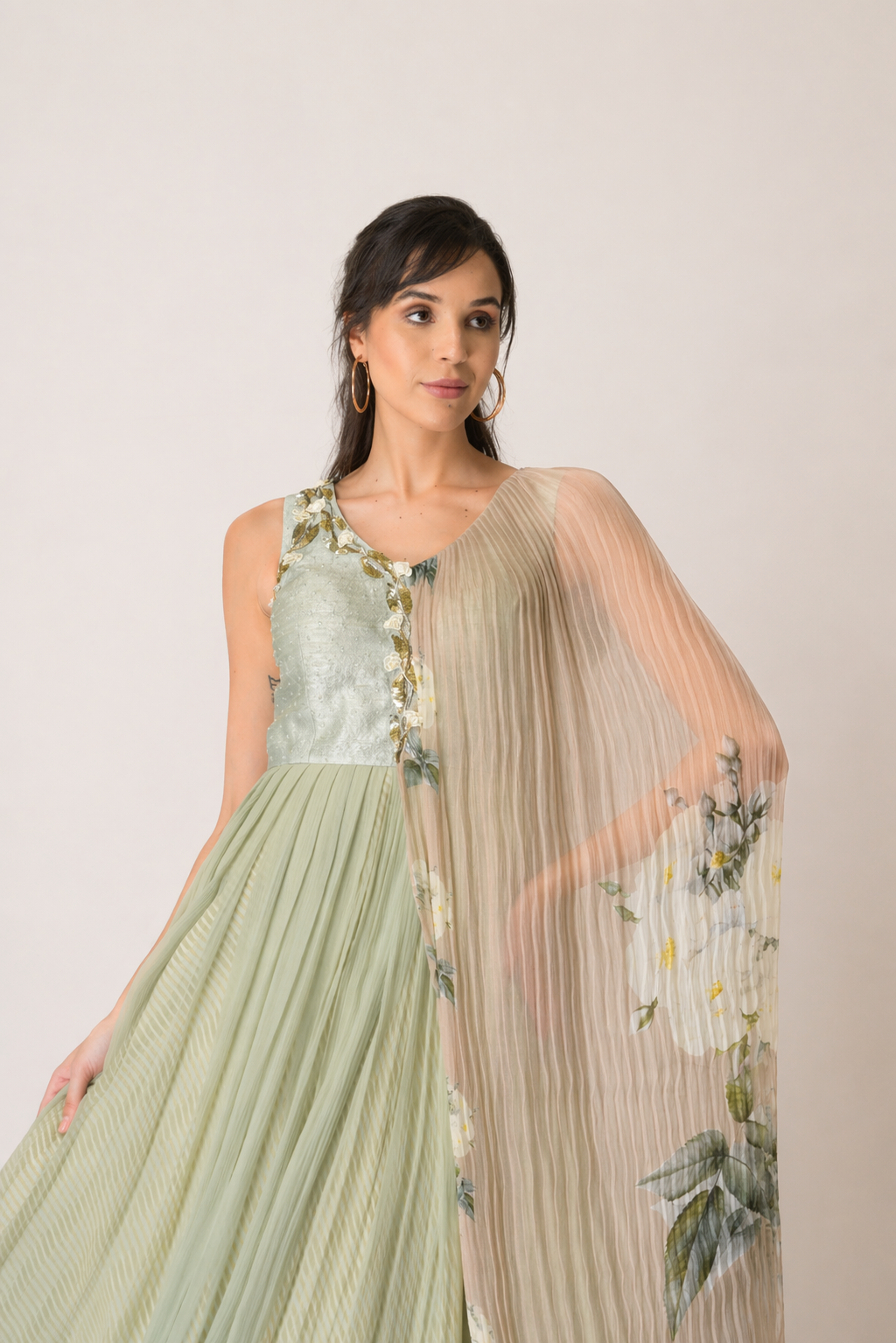 Sage Mint Pleated Anarkali Gown with Attached Floral Drape