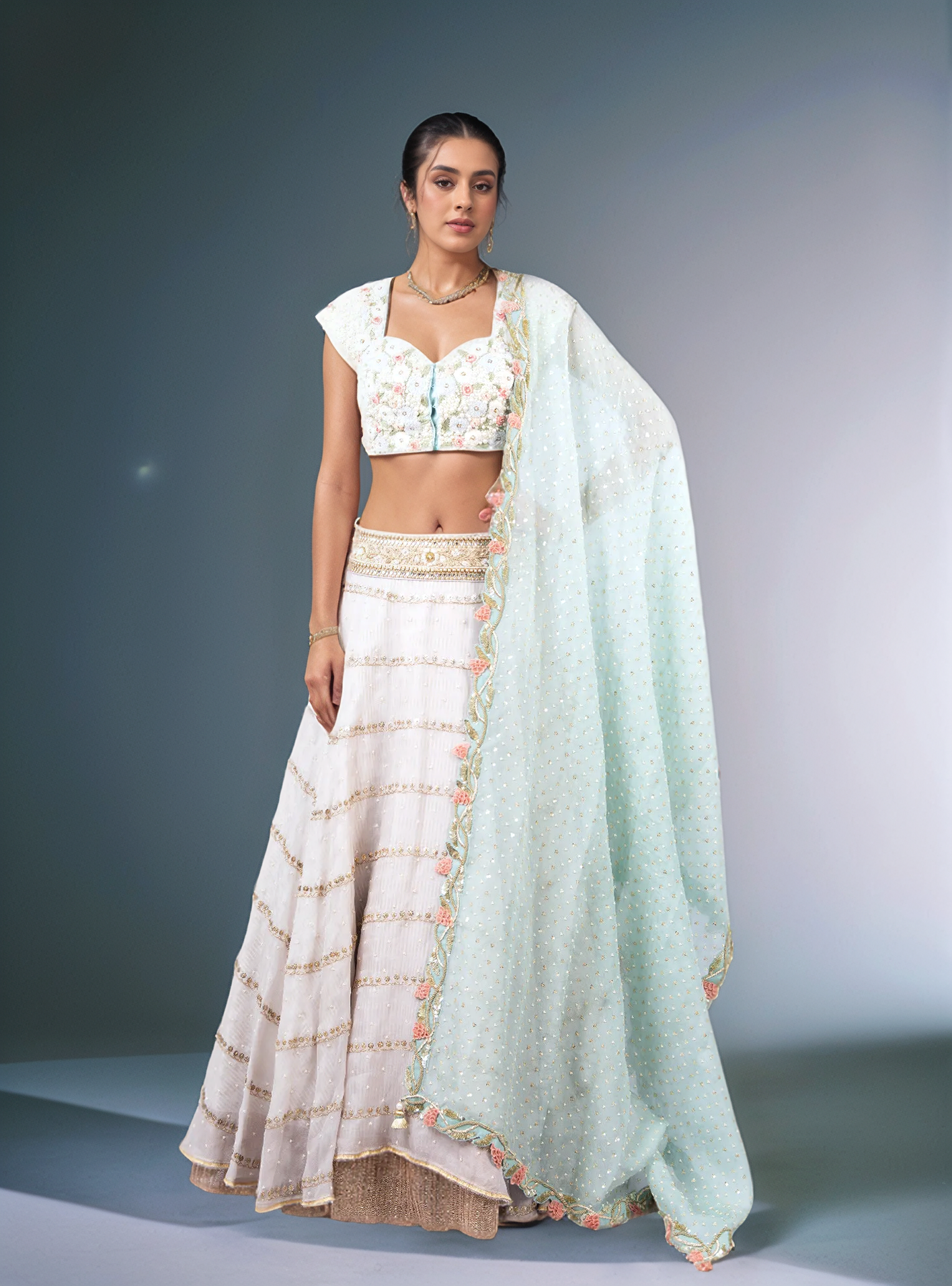 Pearl embellished flower blouse lehenga set