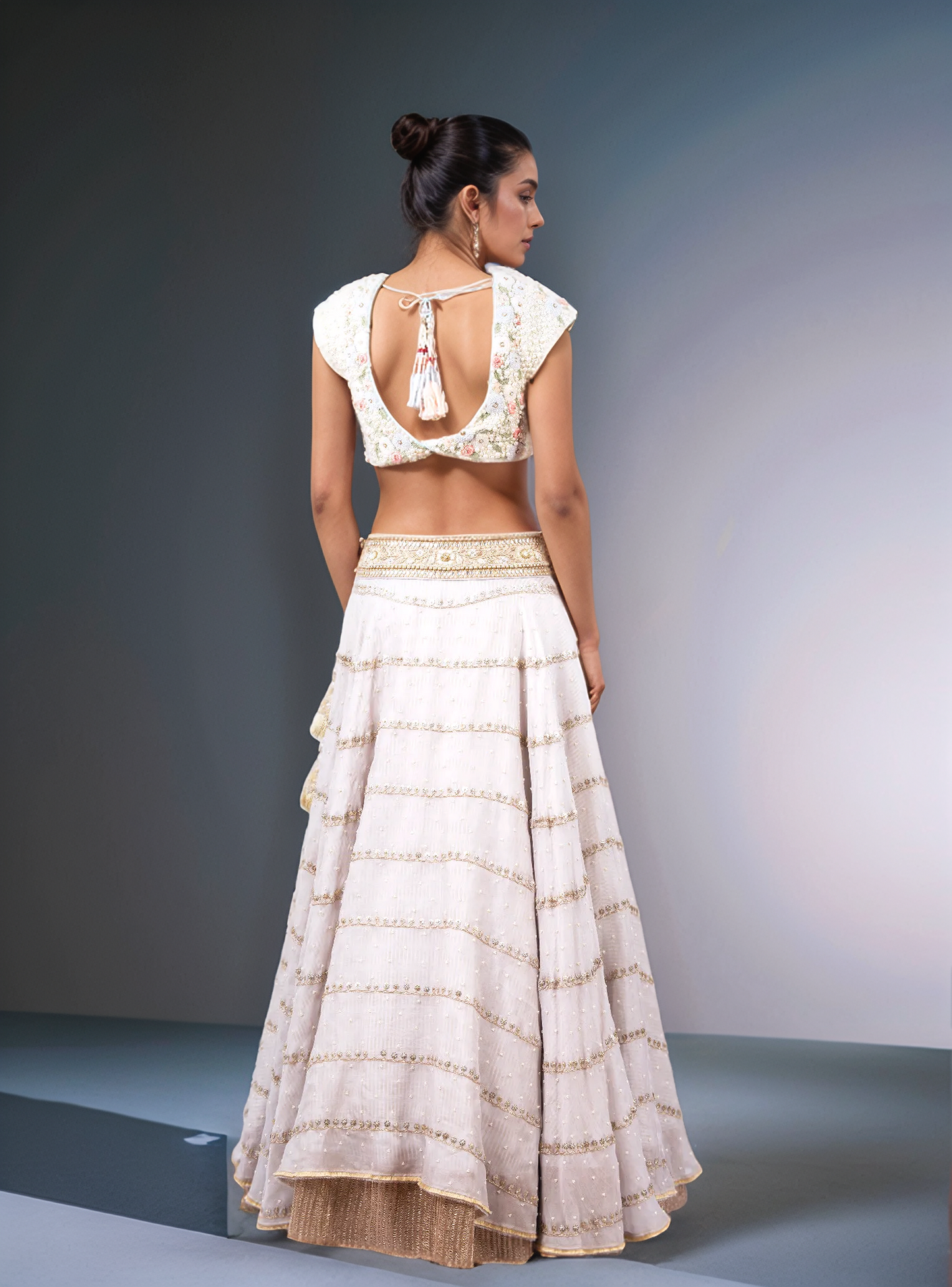 Pearl embellished flower blouse lehenga set