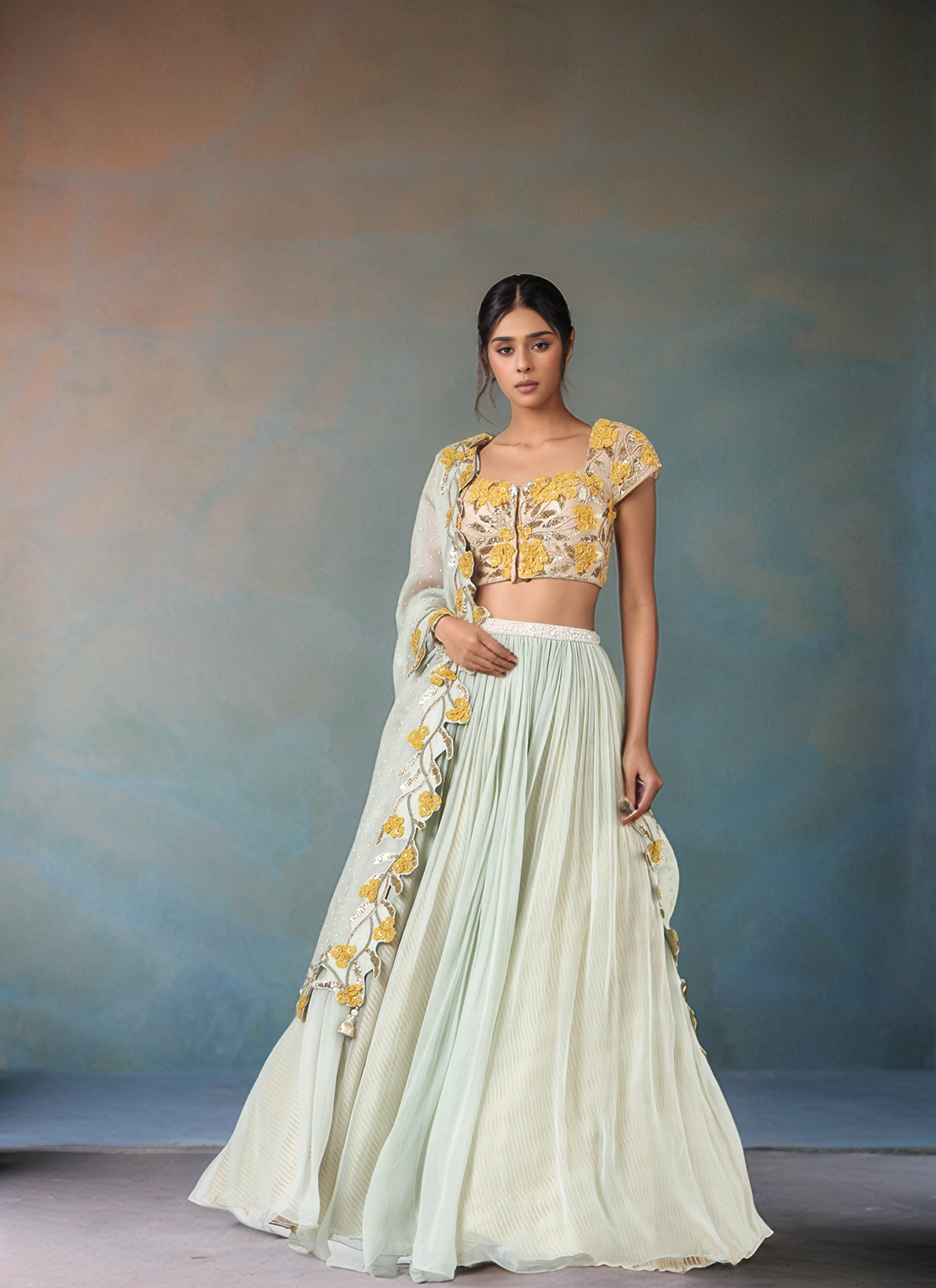 Green Floral Printed Lehenga Set