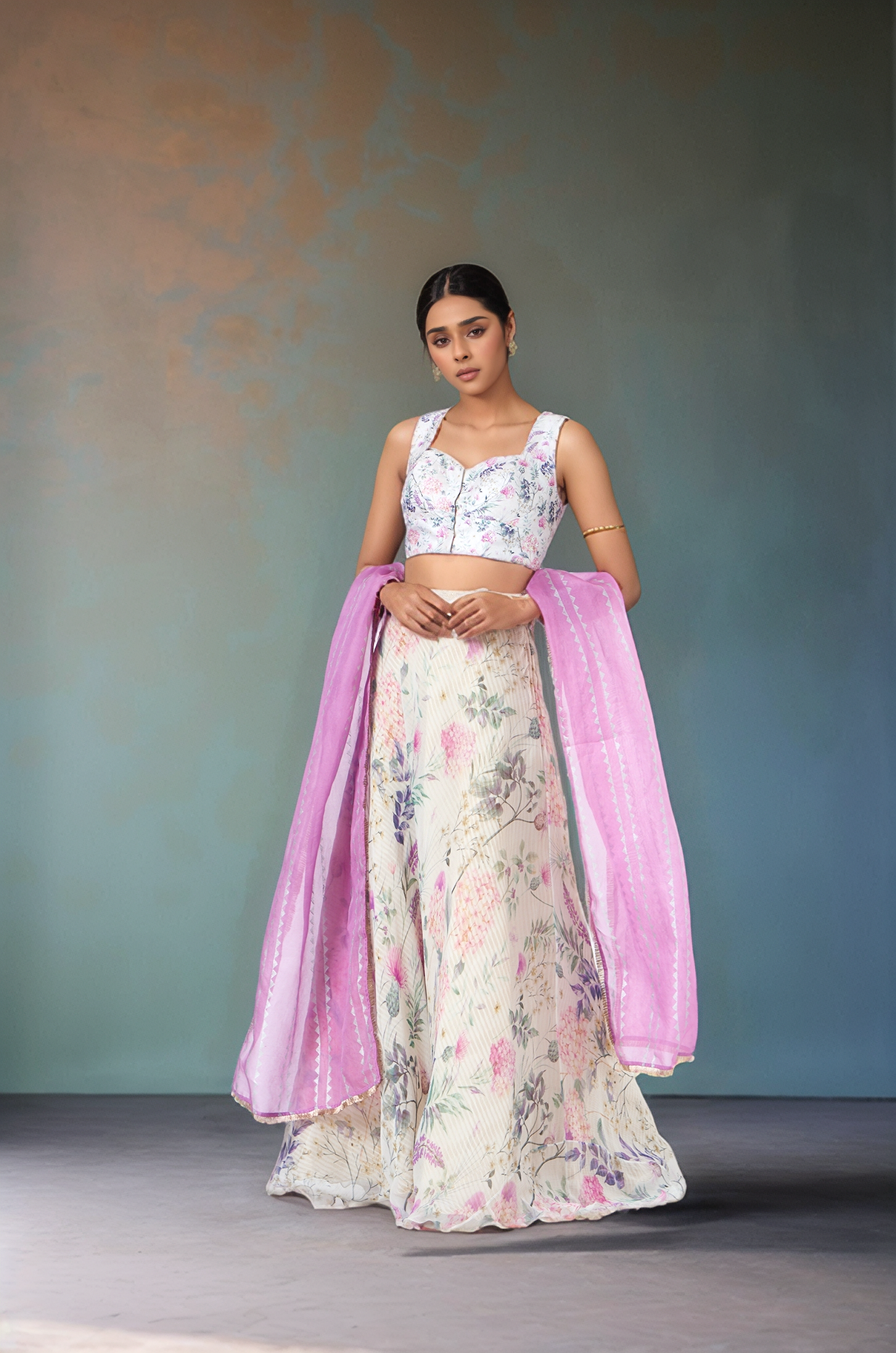 White Chiffon Printed Lehenga Set