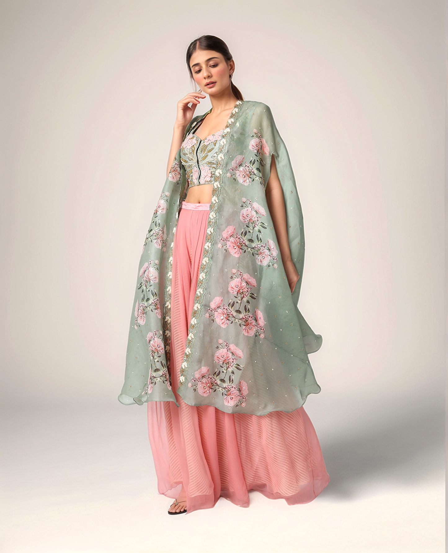 Green & Pink Embroidered Palazzo Pant Set