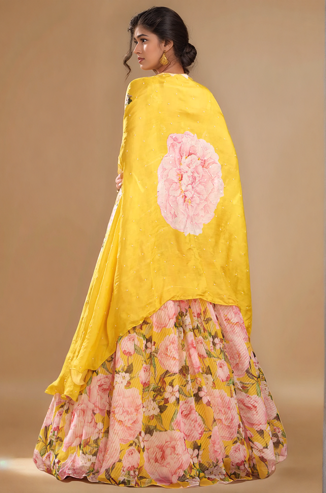 Yellow Chiffon Printed Jacket Lehenga Set