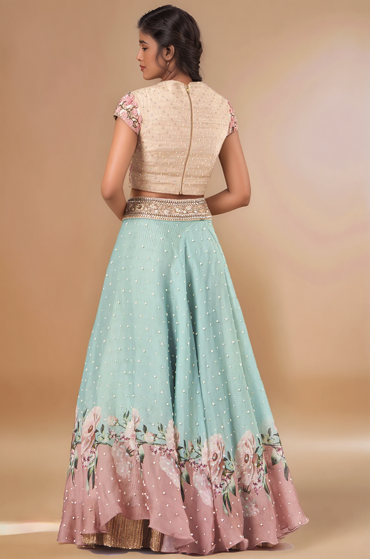 Green Raw Silk Printed Lehenga Set