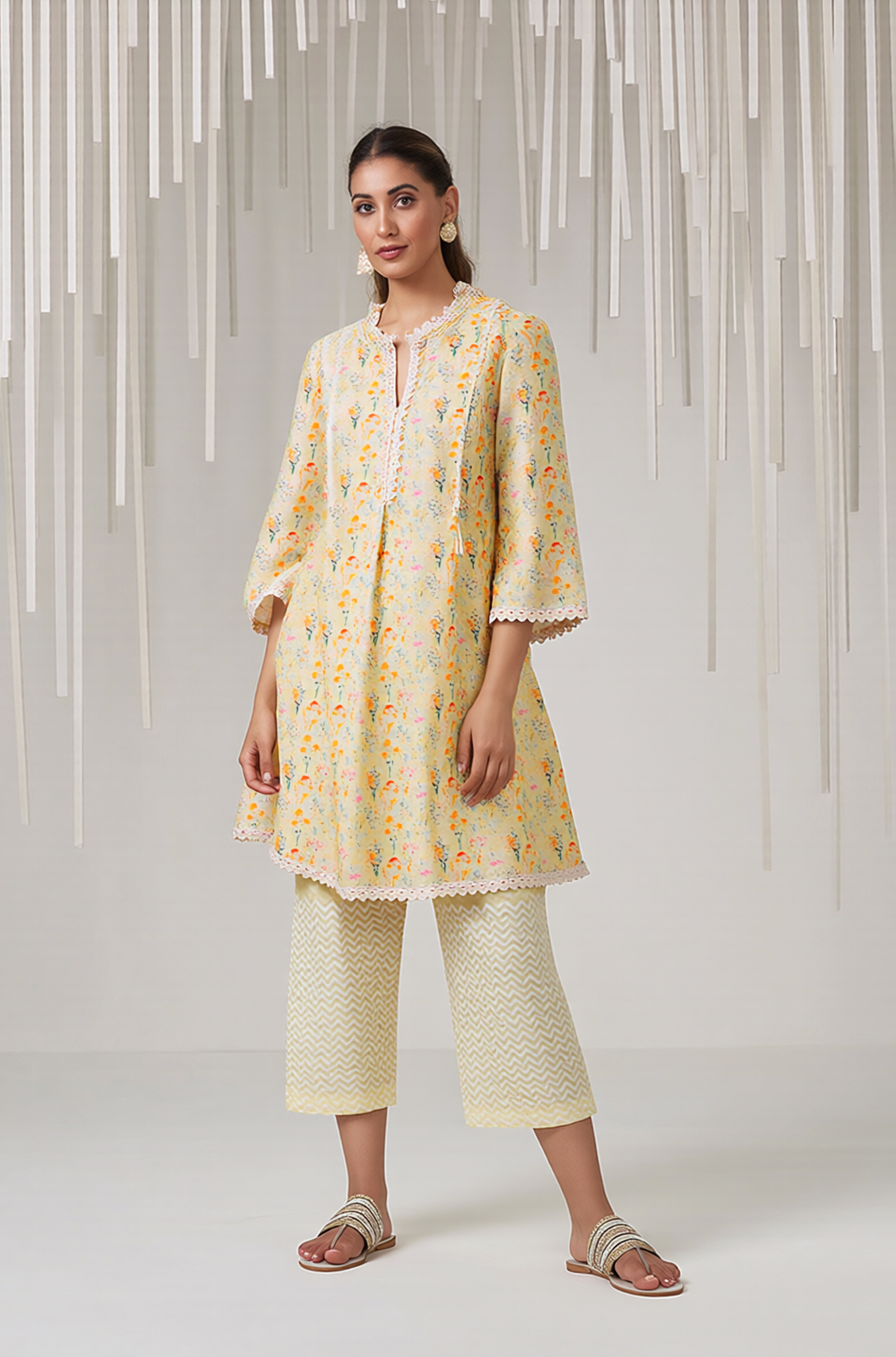 Sunny Yellow Floral Lace-Trimmed Tunic & Chevron Pant Set