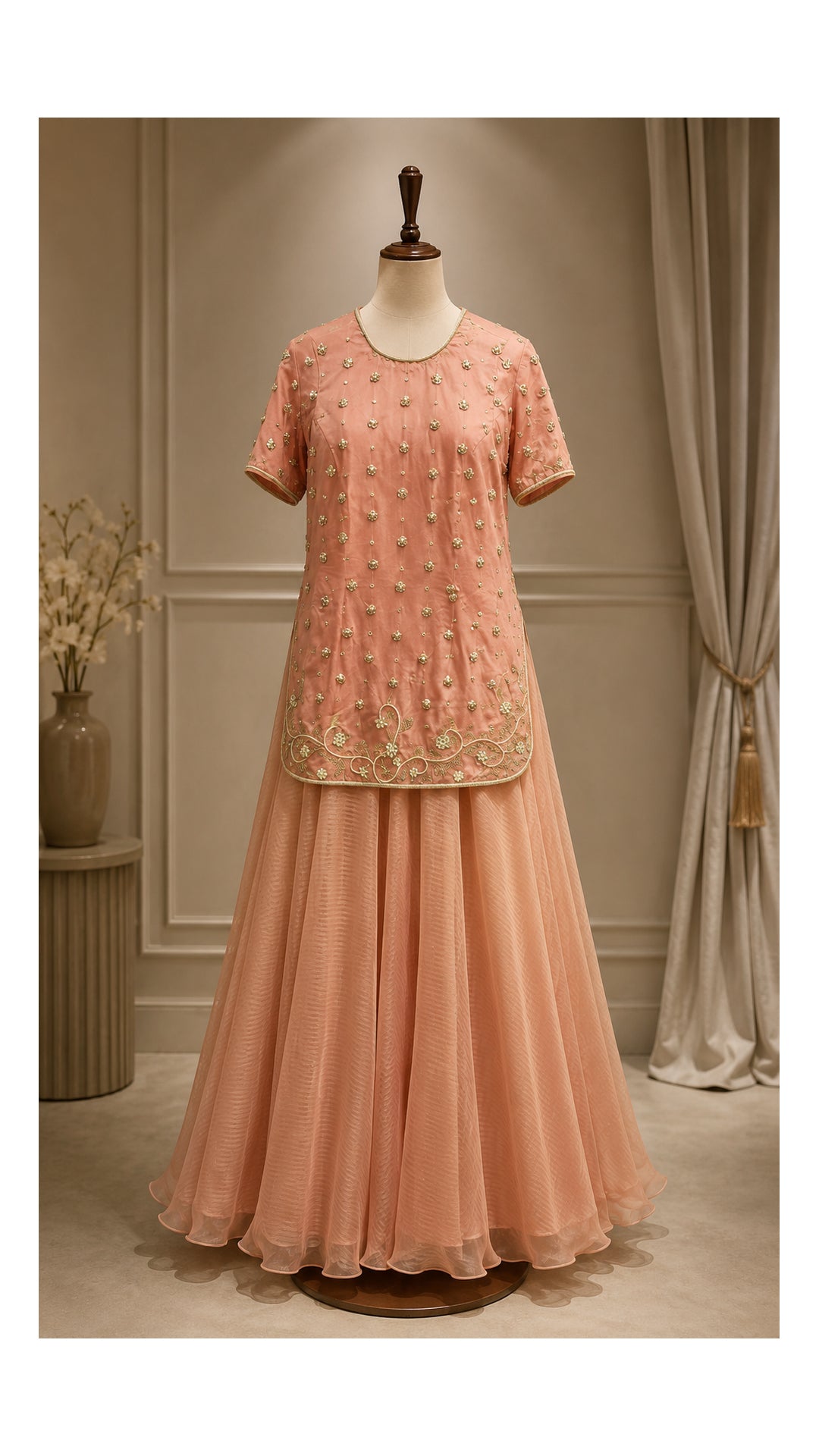 Embellished Peach Kurti & Flared Skirt Set