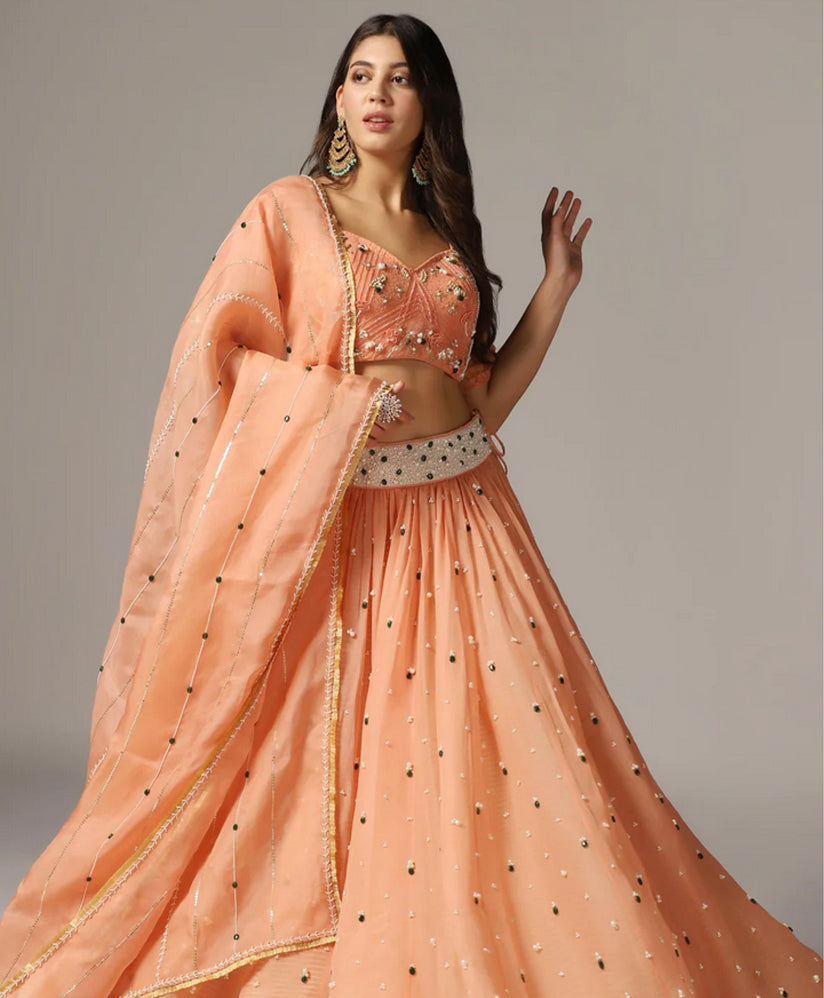 Brick Organza Stone Embroidered Lehenga Set