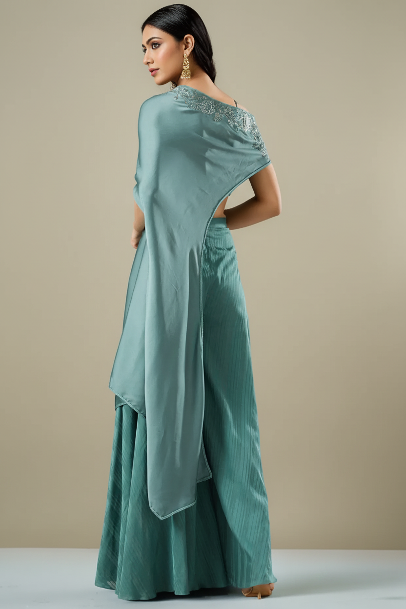 Teal Green Satin Off-Shoulder Cape Set