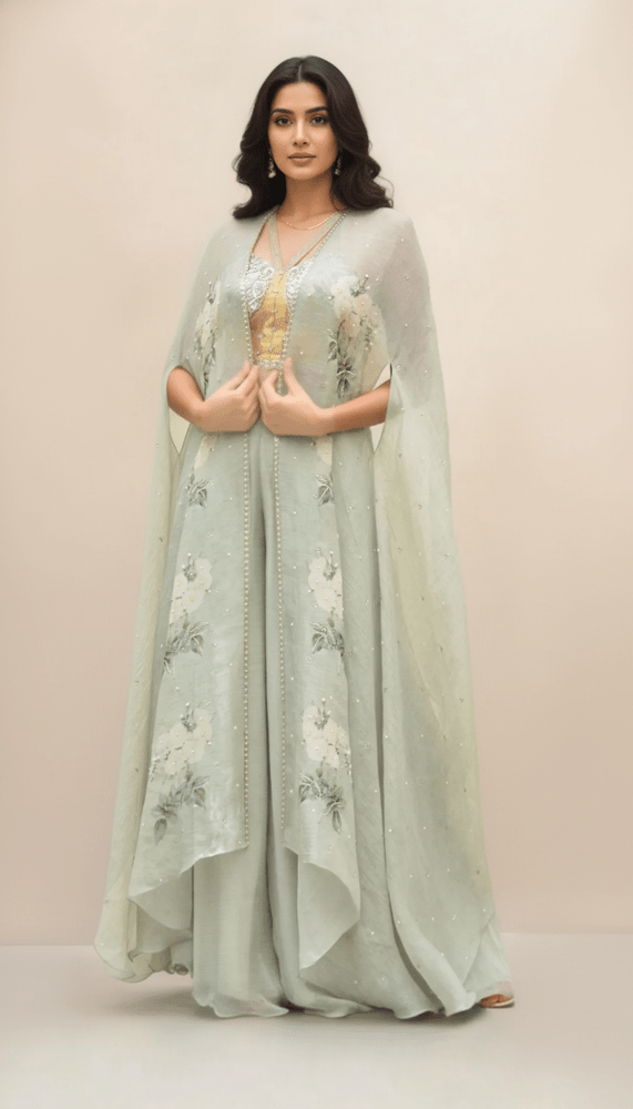 SILVER ZARDOSI BUSTIER WITH MAGNOLIA CHIFFON PLAZZO AND DIGITAL PRINTED MAGNOLIA ORGANZA CAPE Yashodhara