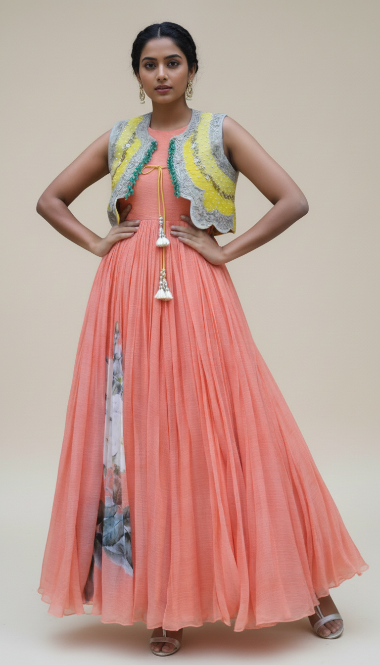 ANARKALI WITH YELLOW ORGANZA HILIGHTED SHORT JACKET Yashodhara