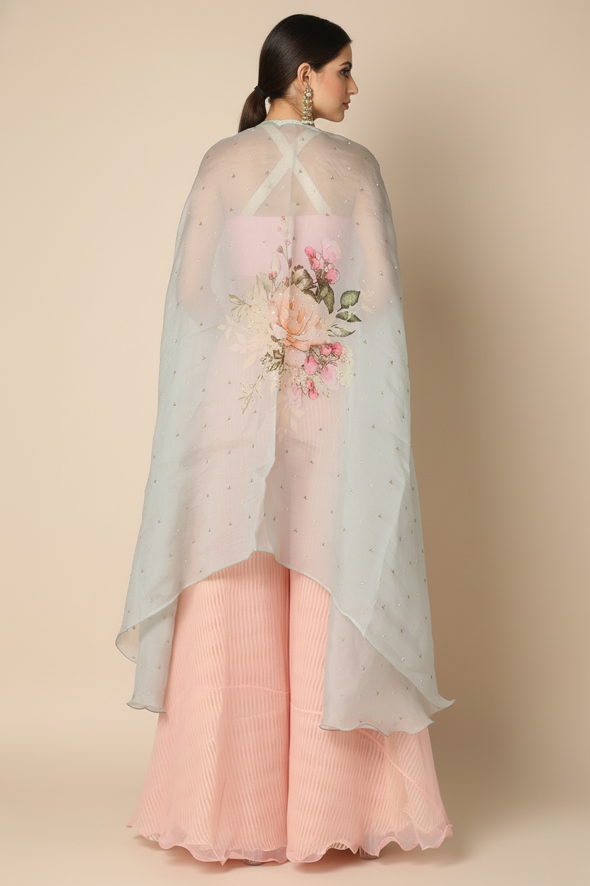 Grey Organza Floral Digital Printed Cape Set