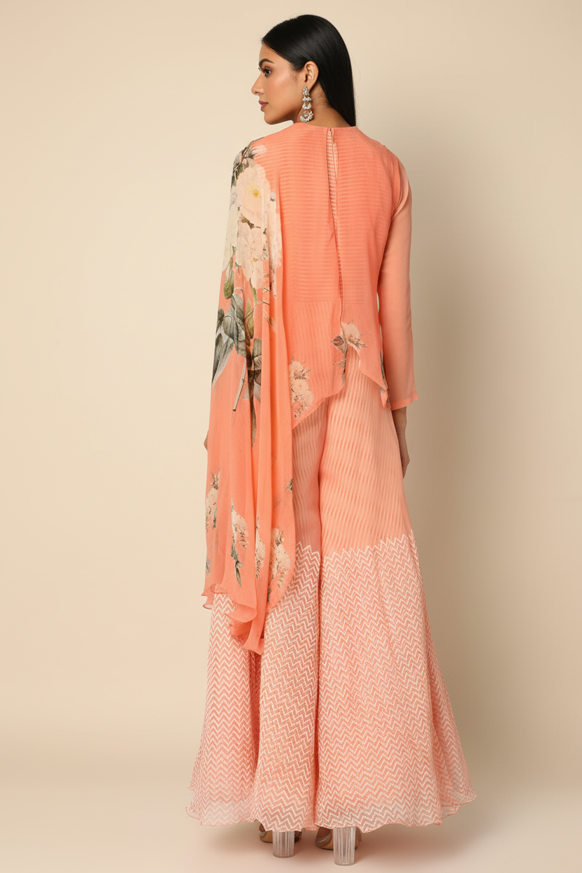 Peach Block Printed Jumpsuit With Cape