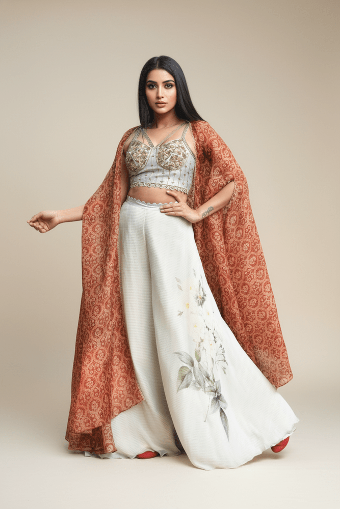Dabka work bustier with printed palazzo and cape Yashodhara