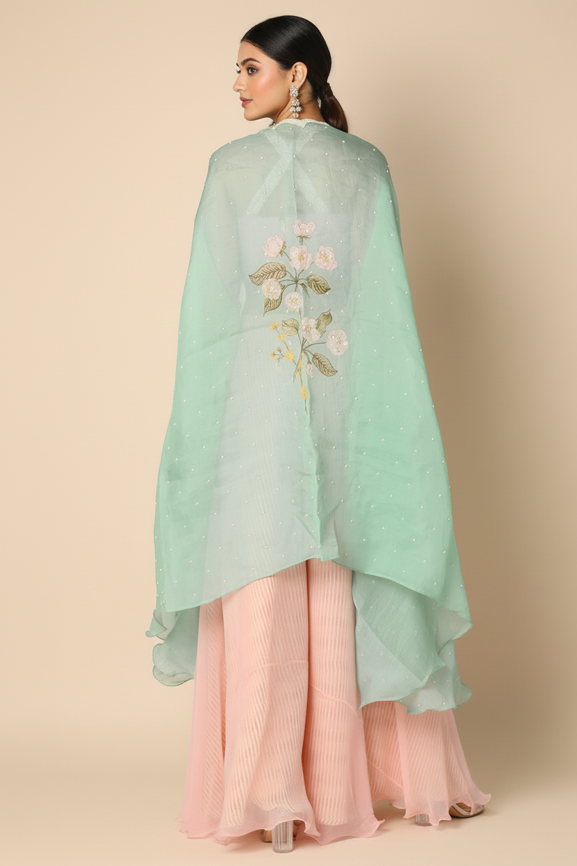 Eco Green Organza Digital Printed Cape Set Yashodhara