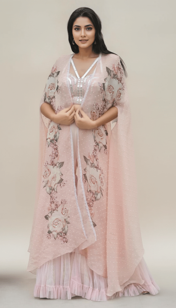 BUSITER WITH GARARA PANTS AND PRINTED CAPE Yashodhara