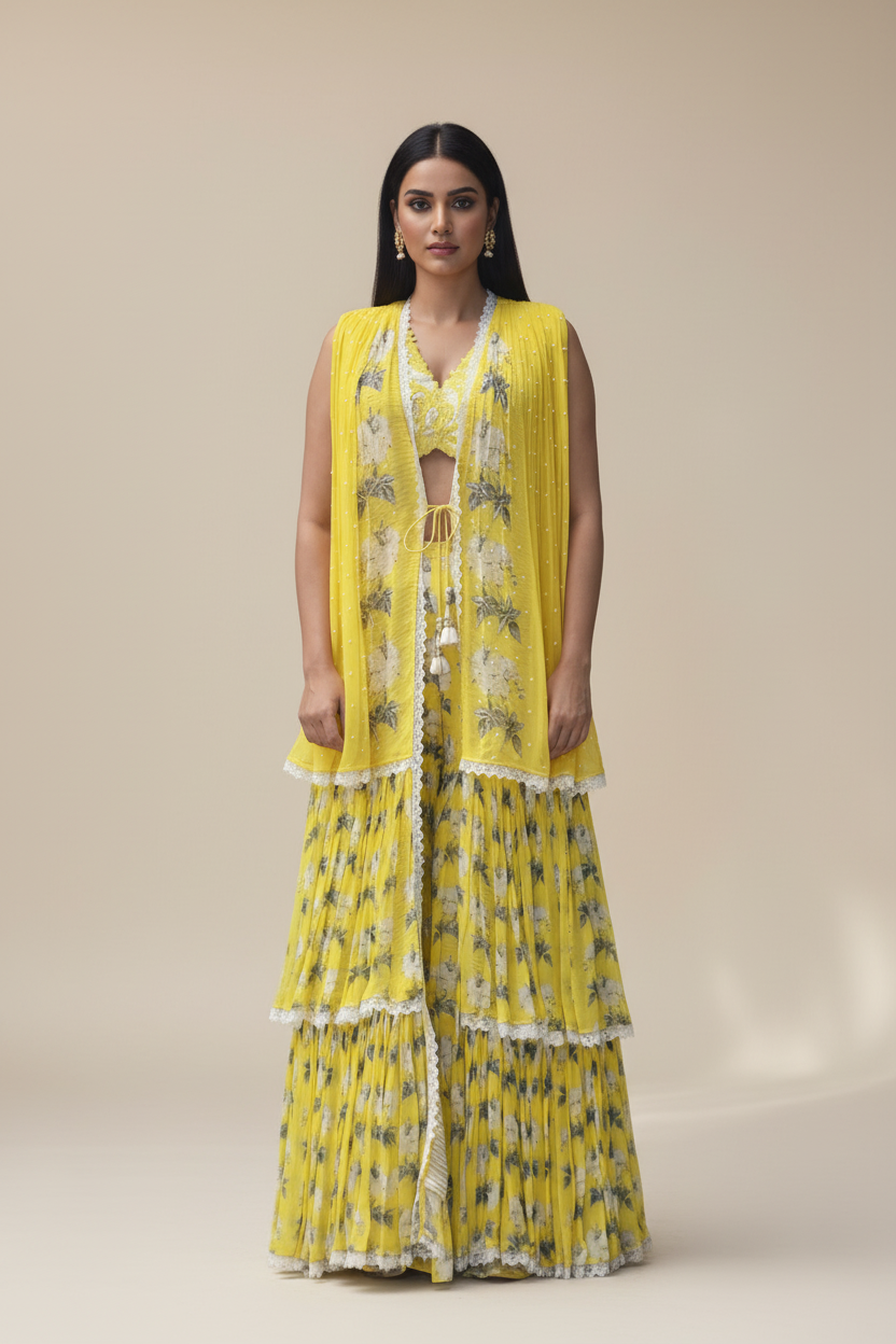 Persion Dori work blouse with printed garara pants and printed cape Yashodhara