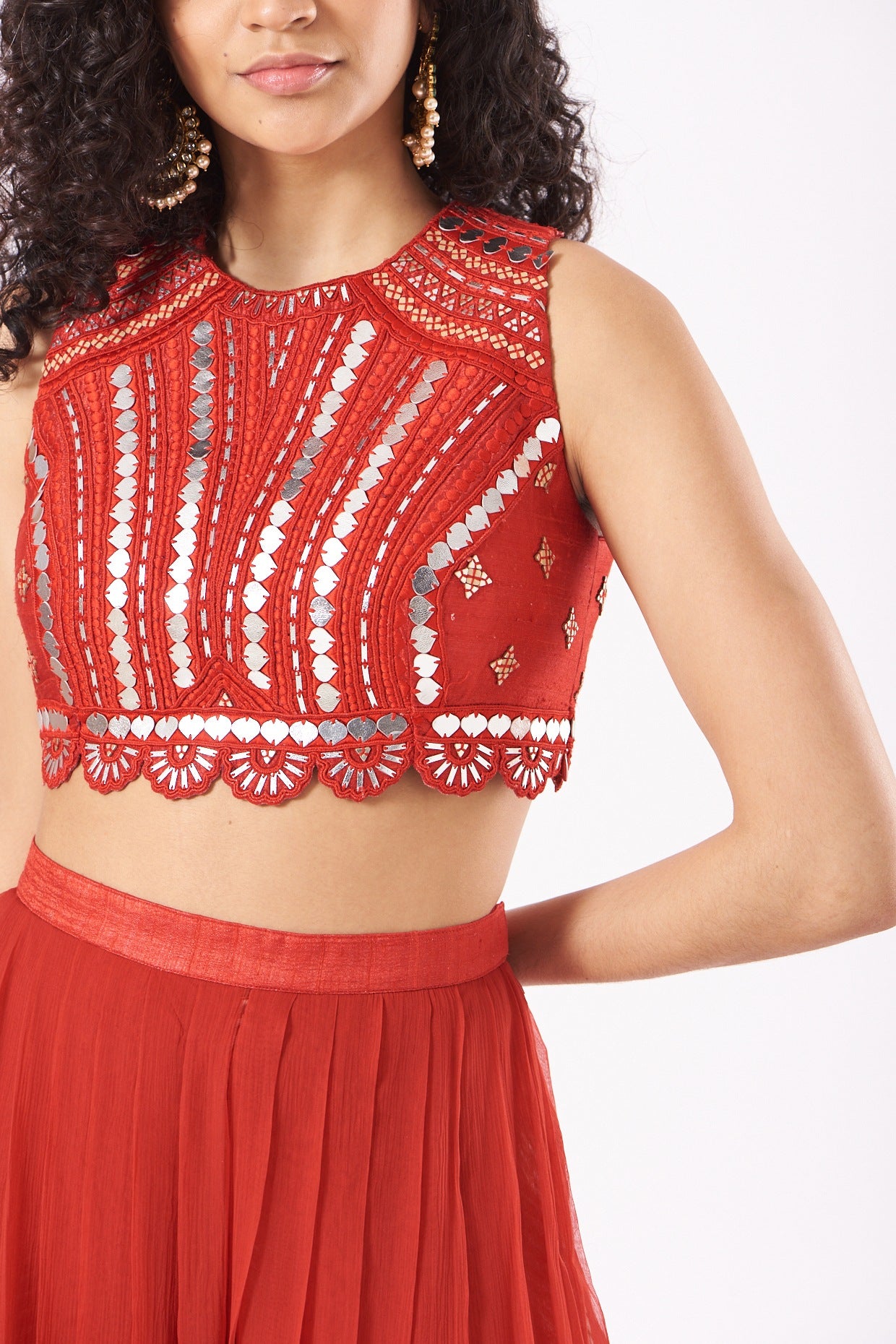 Cadmium Red Raw Silk & Chiffon Skirt Set