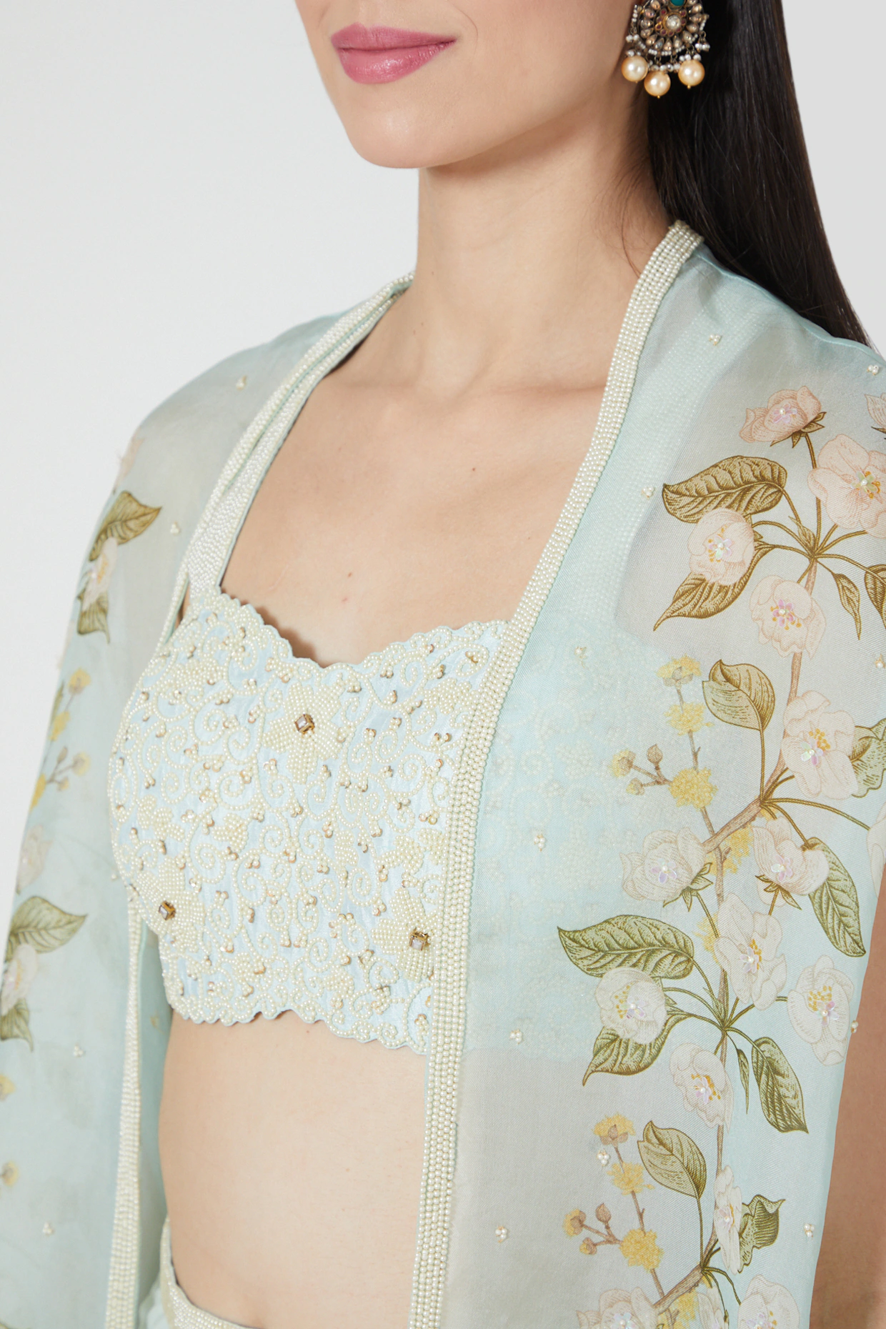 Ice Blue Embroidered Bustier & Floral Cape Palazzo Set
