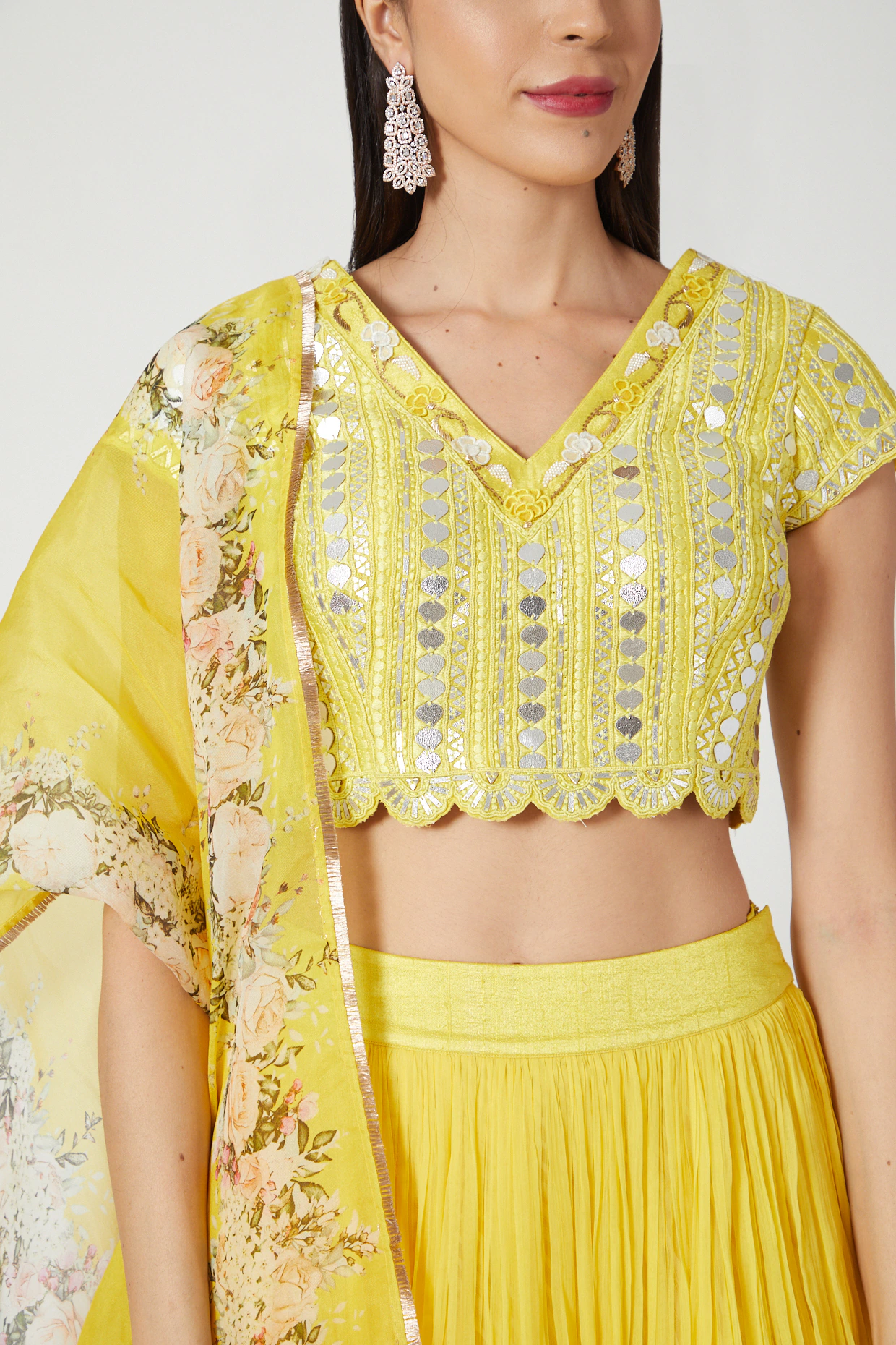 Sunshine Yellow Leather-Work Lehenga & Floral Dupatta Set