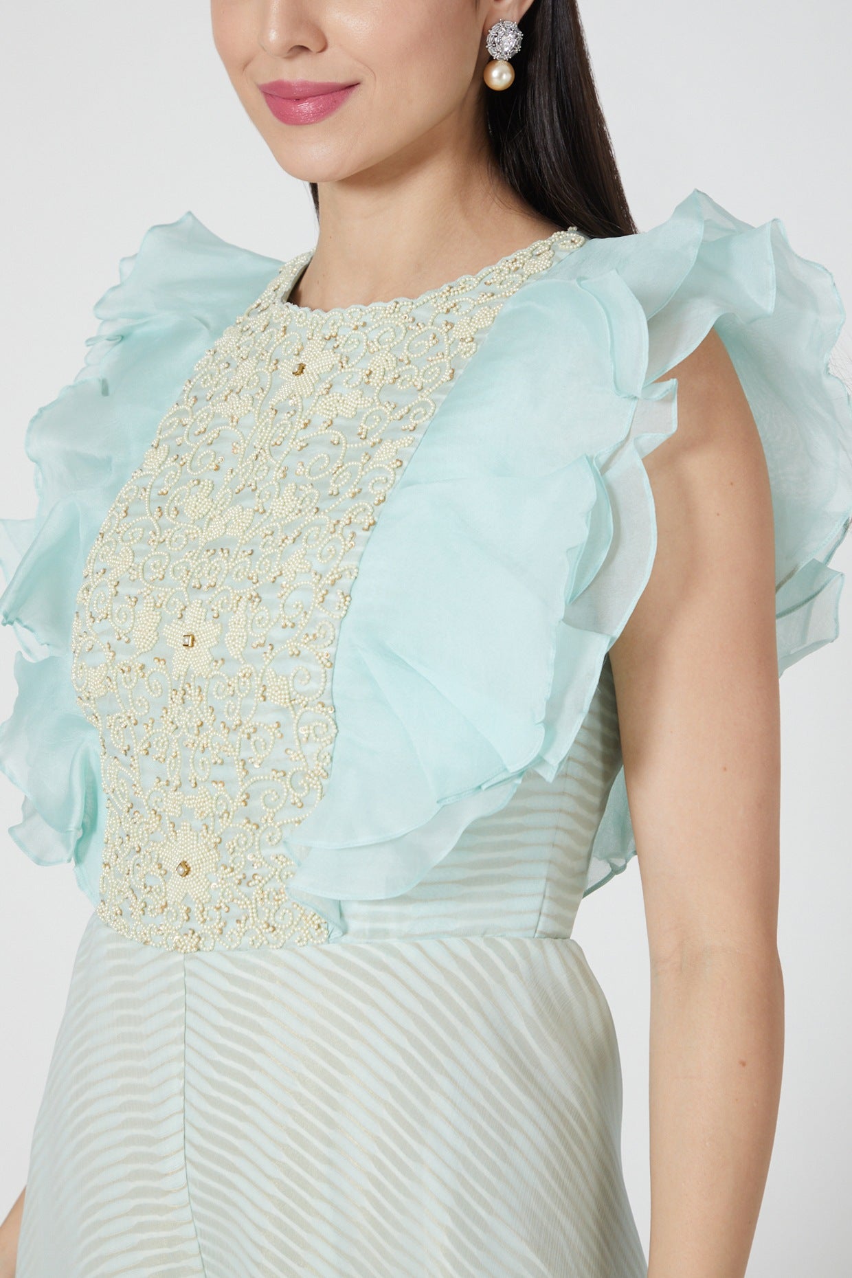Ice Blue Embroidered Ruffle Jumpsuit