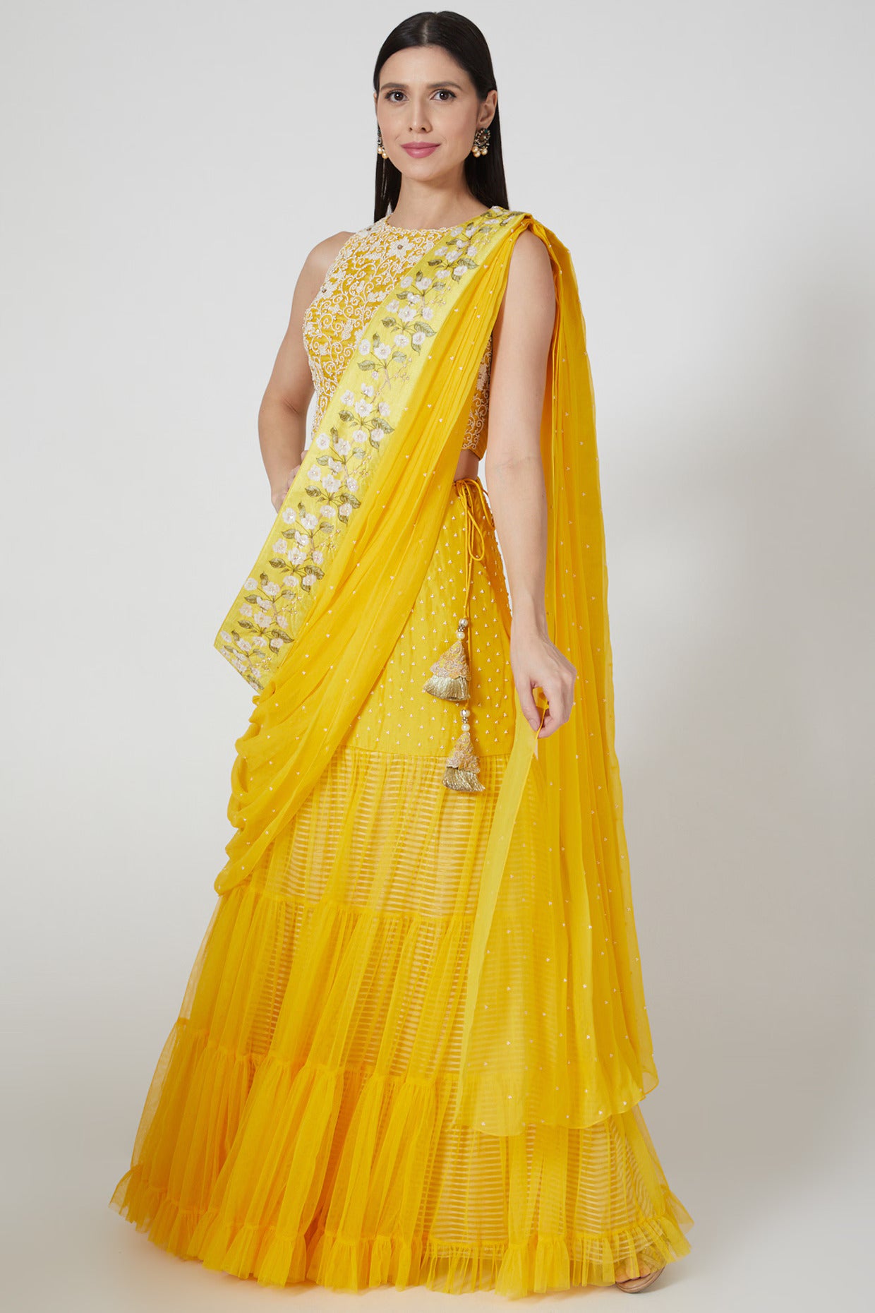 Yellow Embroidered Cape & Pre-Draped Sharara Set