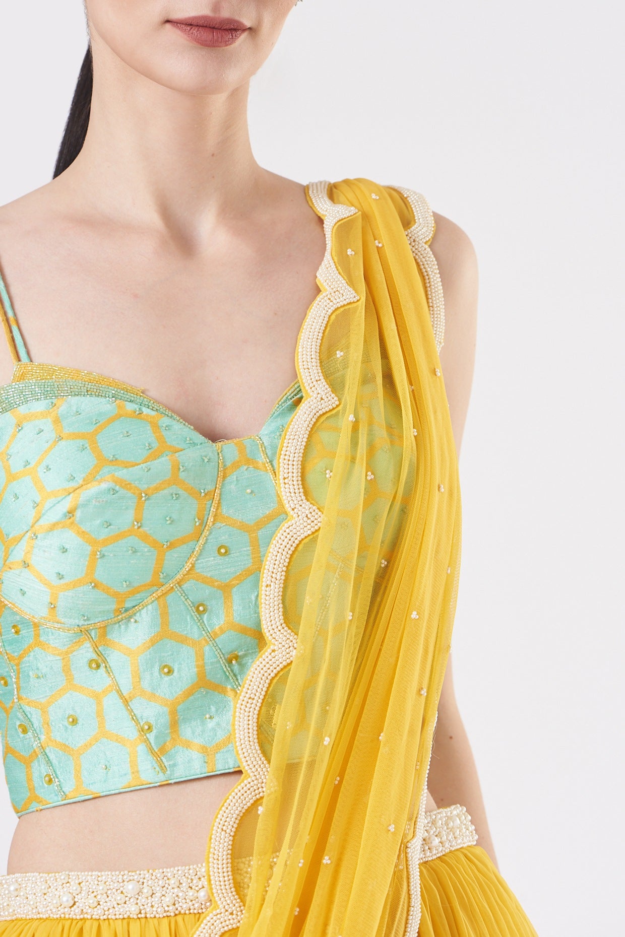 Sunshine Yellow & Aqua Pre-Draped Lehenga Set