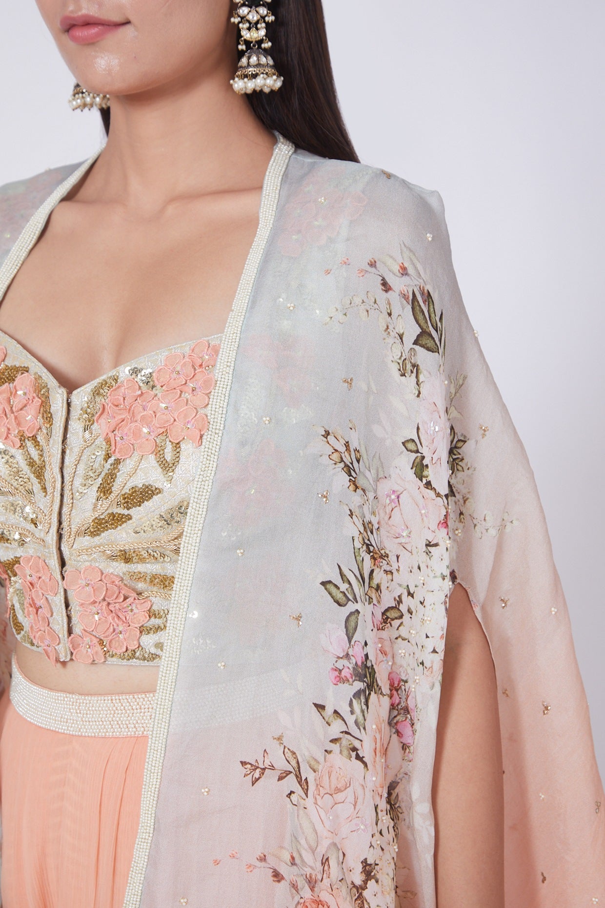 Peach 3D Floral Bustier & Cape Set