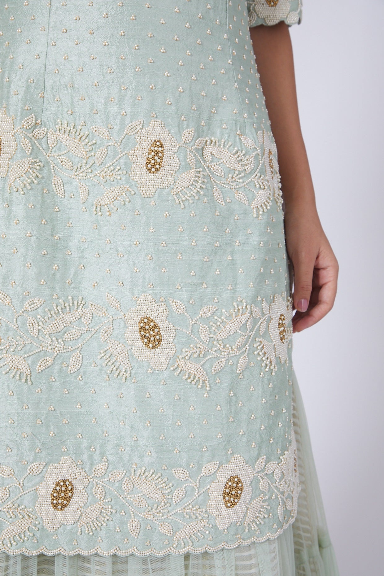 Pale Mint Embroidered Kurta & Tiered Sharara Set