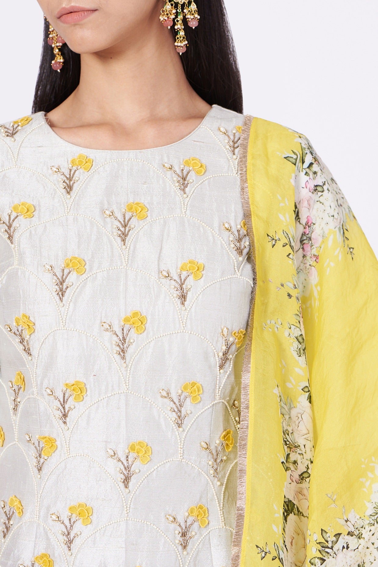 Dove Grey Scalloped Kurta & Tiered Sharara Set